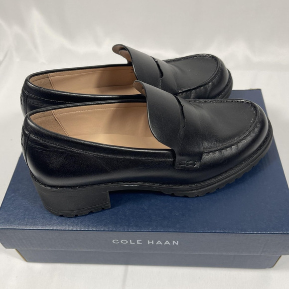 Cole Haan Camea Lug Loafer Shoes Women's Size 7 Black Leather Classic Penny Moc - Picture 2 of 6